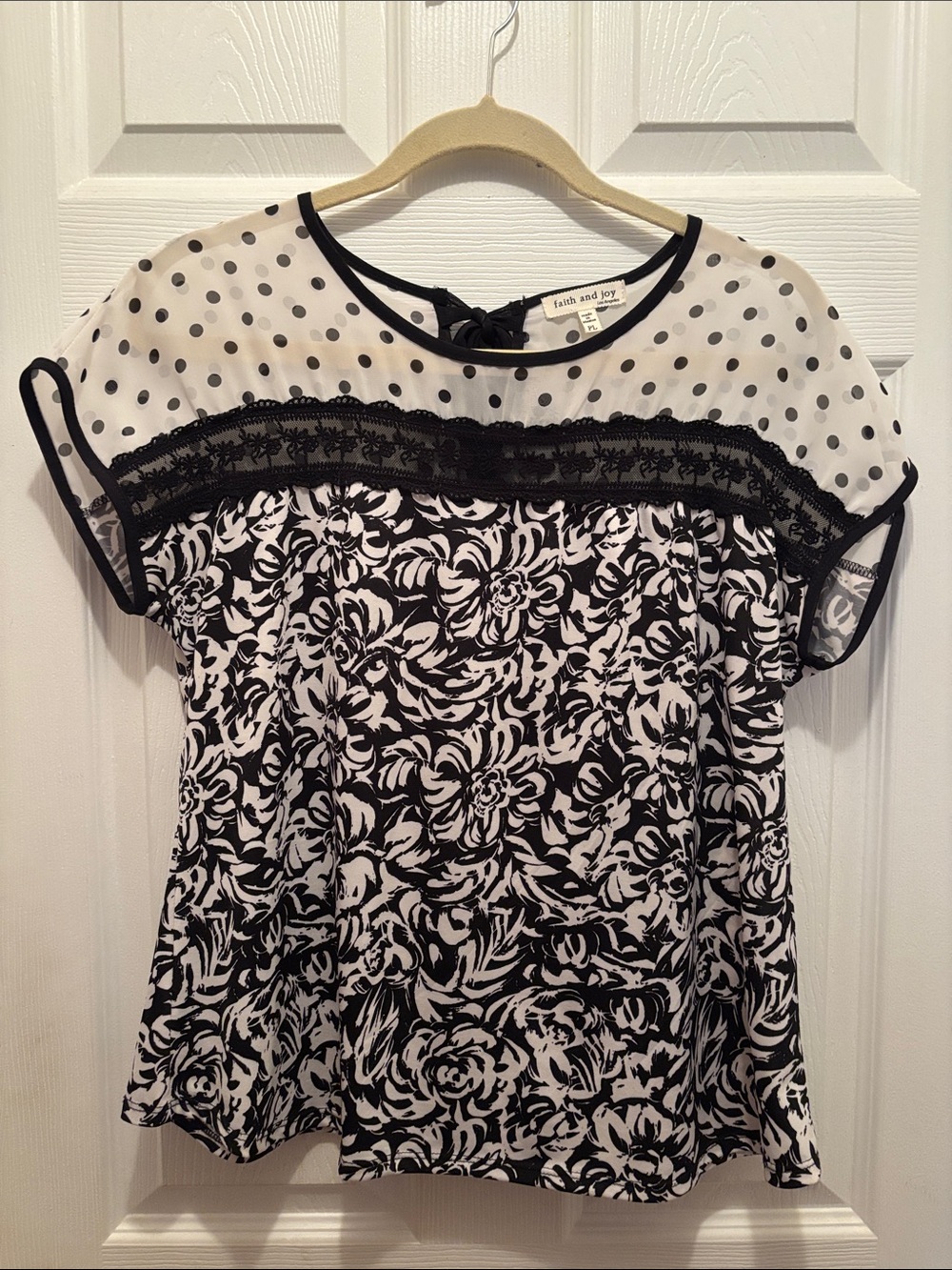 Faith and Joy Black and White Floral & Polka Dot Lace Trim Blouse